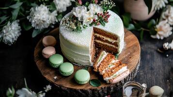 A beautifully decorated cake with macaroons on a rustic wooden board surrounded by flowers, creating an elegant dessert display. photo