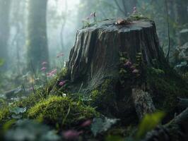 A moss-covered tree stump surrounded by lush greenery in a misty forest setting, evoking a sense of tranquility and natural beauty. photo