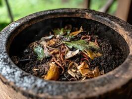 A close-up of a traditional pot containing burnt herbs and leaves, showcasing a rustic texture with a natural background. photo