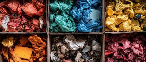 Colorful crumpled paper pieces are organized in separate boxes, creating a vibrant and textured visual display. photo