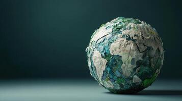 A stylized globe made of recycled materials symbolizes environmental concerns and sustainability efforts. photo