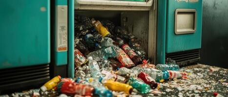 Cluttered vending machine overflowing with plastic bottles, showcasing environmental waste and recycling issues. photo