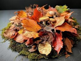 A vibrant arrangement of autumn leaves and mushrooms, showcasing intricate textures and colors against a dark background. photo