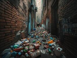 A narrow alleyway cluttered with heaps of trash, bottles, and debris, showcasing urban neglect and pollution amidst brick walls. photo