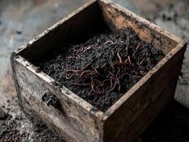 A rustic wooden box filled with dark soil and small, wriggling worms, suggesting themes of nature and gardening. photo