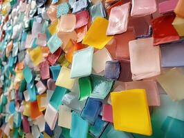 Colorful pieces of glass arranged in a mosaic display, showcasing a variety of shapes and hues reflecting light. photo