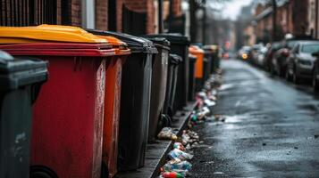 Waste bins line a wet street, surrounded by litter and parked cars, depicting an urban environment in need of clean-up. photo