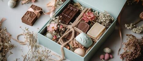 A beautifully arranged gift box filled with assorted chocolates and decorative elements, set against a soft, neutral background. photo