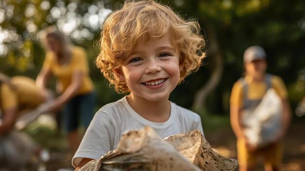 A joyful child smiles while holding logs, surrounded by adults engaged in an outdoor activity, capturing a sense of community and teamwork in nature. photo