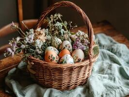 A woven basket filled with decorated eggs and dried flowers, resting on a textured cloth, creating a cozy, rustic atmosphere. photo