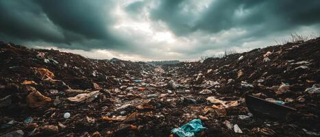 A dark, expansive landscape filled with garbage under a cloudy sky, highlighting environmental pollution and waste issues. photo