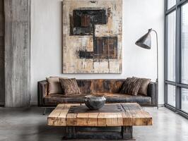 A modern interior featuring a textured sofa, artistic wall decor, and a stylish lamp in a bright, spacious room. photo