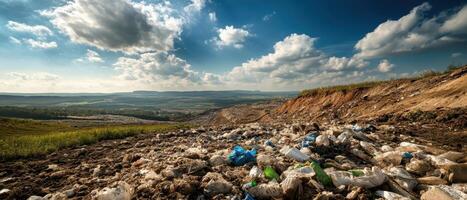 A panoramic view of a rocky landscape littered with trash, under a dramatic sky filled with clouds. photo