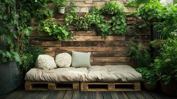 Cozy seating area surrounded by lush greenery and wooden accents, creating a serene and inviting atmosphere. photo