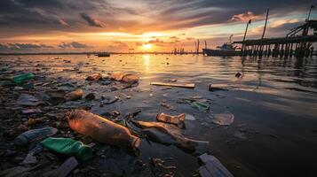 Polluted water with plastic waste under a dramatic sunset, showcasing environmental degradation. photo