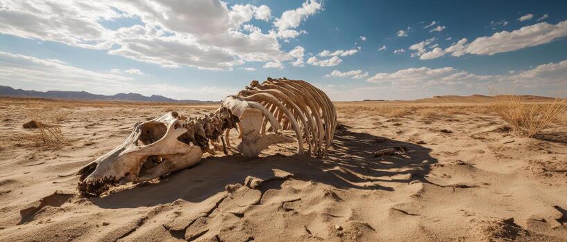 A skeletal remains in a dry desert landscape under a vast sky with scattered clouds, evoking a sense of desolation and time passed. photo
