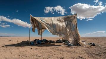 A tattered shelter stands alone on a barren landscape under a bright blue sky with scattered clouds. photo