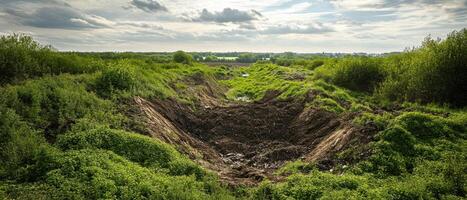 A large, overgrown crater surrounded by greenery under a cloudy sky, evoking a sense of nature reclaiming a disturbed landscape. photo