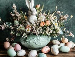 A decorative arrangement featuring a bunny figurine amidst flowers and colorful Easter eggs in a vintage bowl. photo