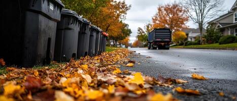 A street lined with trash bins and autumn leaves, showcasing a typical neighborhood scene during the fall season. photo