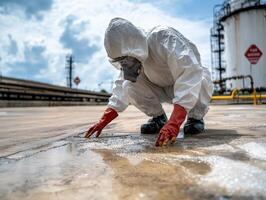 A worker in protective gear inspects a surface at an industrial site, highlighting safety measures in hazardous environments. photo