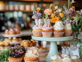 A beautifully arranged display of decorated cupcakes topped with flowers, showcasing a delightful dessert setting in a cozy environment. photo