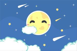 Kawaii night sky with stars and moon. Dreamy background with moon stars and clouds, abstract fantasy background. vector