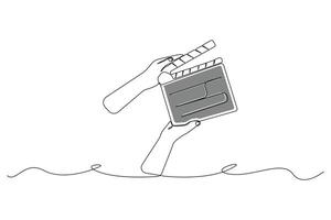 Hands holding a clapper board line art drawing. Holding a clapper board linear icon vector