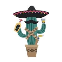 Cinco De Mayo Day 5 May card banner invitation poster with cactus in sombrero with tequila vector