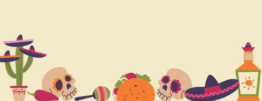 Cinco De Mayo Day 5 May background card horizontal banner invitation poster with chili pepper, sambrero, tequila, cactus, skulls vector