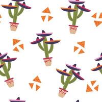 Cinco de Mayo seamless pattern background for packaging and decoration with cactus and nachos vector