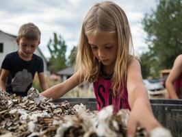 Children engaging in outdoor activity, exploring natural materials with curiosity. photo