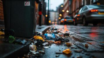 A rain-soaked street littered with trash next to a garbage bin, showcasing urban waste and environmental concerns in a city setting. photo