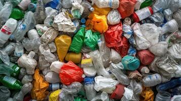 Overflowing pile of crumpled plastic bottles and wrappers, showcasing the issue of waste and pollution. photo