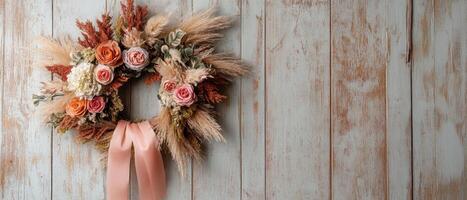 A decorative floral wreath with soft pink ribbon hangs against a rustic wooden background, combining natural elements for a charming aesthetic. photo