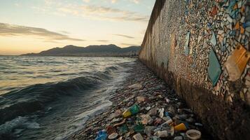 A shoreline littered with plastic waste against a backdrop of waves and mountains at sunset, highlighting environmental pollution. photo