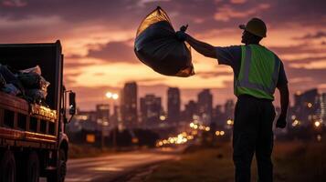 Worker discards a bag of waste against a city skyline during sunset, highlighting urban sanitation efforts. photo