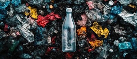 A plastic bottle sits amidst a chaotic pile of colorful waste, highlighting the issue of pollution and environmental concerns. photo