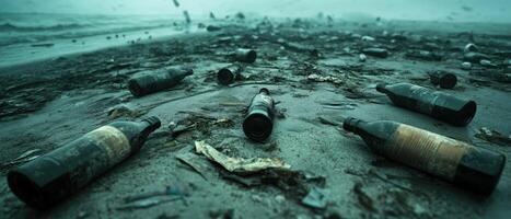 Littered beach scene with broken bottles and debris, highlighting pollution and environmental concerns. photo