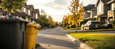 Garbage bins on a suburban street, framed by houses and autumn foliage, showcasing neighborhood life in the golden hour light. photo