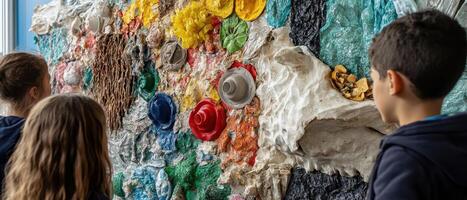 A group observes an art installation made from recycled materials, showcasing vibrant colors and textures, highlighting environmental awareness. photo