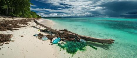 A tranquil beach scene featuring a driftwood log, clear turquoise water, and a cloudy sky, evoking a serene natural environment. photo