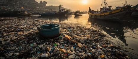 A polluted shoreline with boats gathered around a sea of garbage, under a hazy sunset, highlighting environmental issues. photo