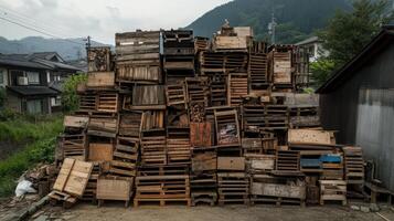 A large stack of wooden pallets creates a rustic and textured backdrop against a mountainous landscape, showcasing industrial materials in nature. photo