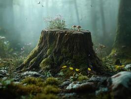 A moss-covered tree stump in a misty forest, surrounded by small plants and mushrooms, creates a serene and enchanting atmosphere. photo
