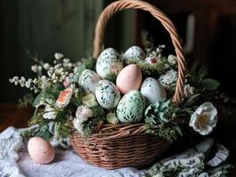 A decorative basket filled with intricately designed eggs and floral accents, creating an elegant spring or Easter theme. photo