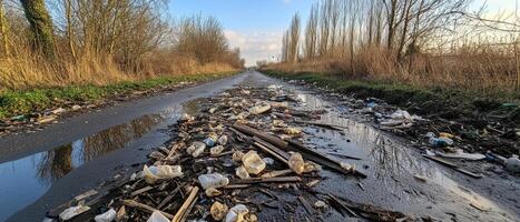 A polluted landscape shows debris and stagnant water amidst sparse vegetation under a cloudy sky, highlighting environmental neglect. photo