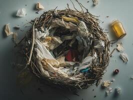 A nest made of litter and debris, symbolizing environmental pollution and waste accumulation. photo