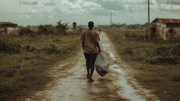 A person walks down a muddy path carrying a bag, surrounded by a rural landscape under a cloudy sky. photo