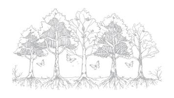 Hand drawn sketch illustration of tree and plants vector